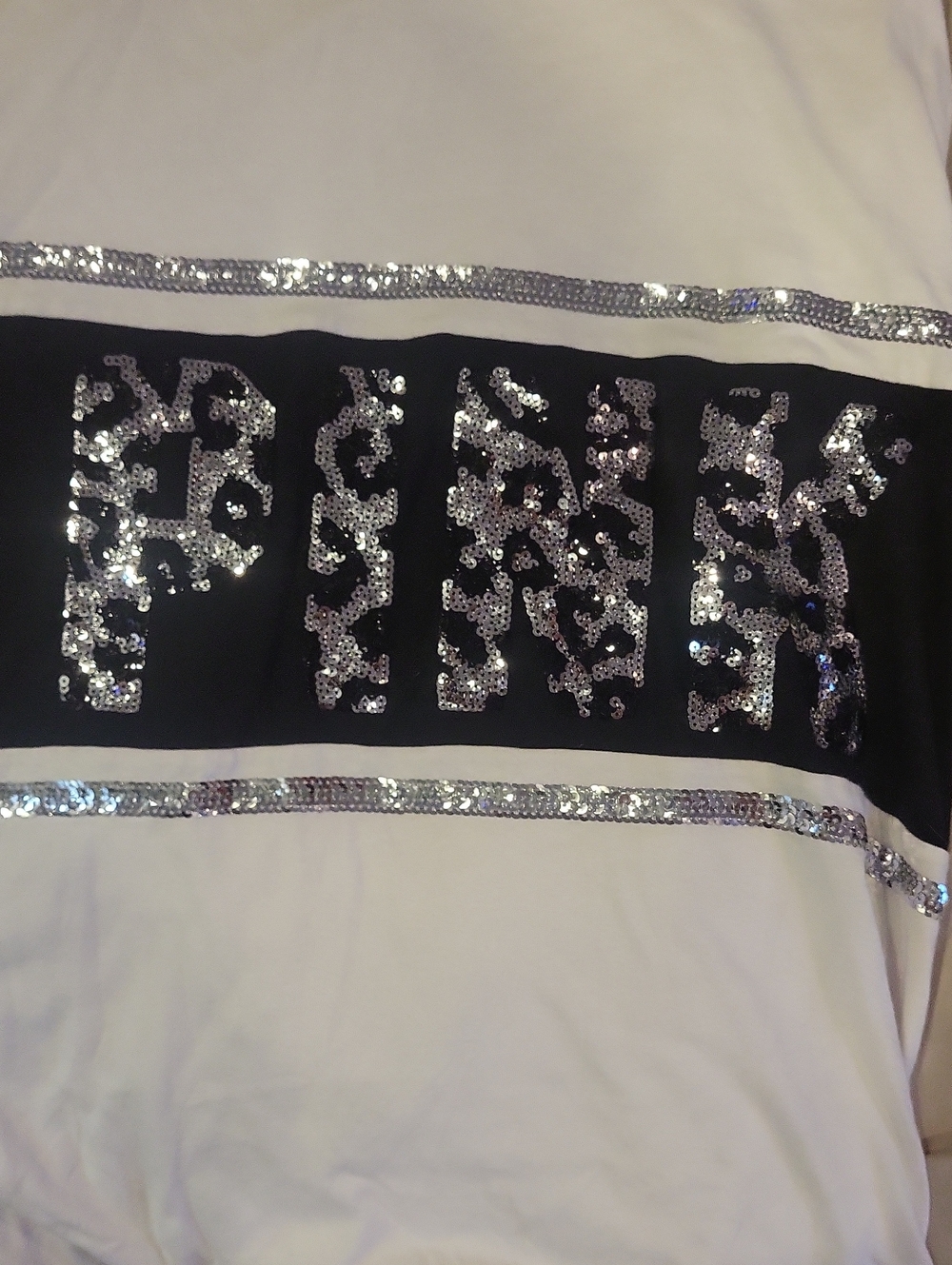 White Long-Sleeve Top with Black Silver Sequin Trim